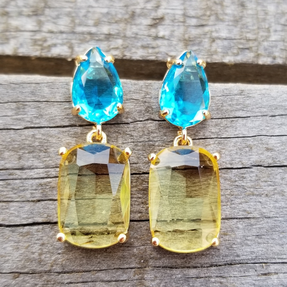 14k Gold Blue Topaz and Citrine Stud Earrings, Citrine Dangle Earrings